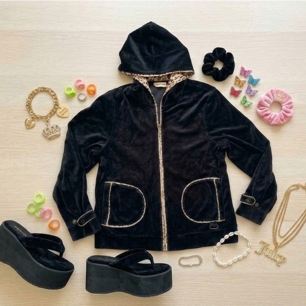 Vintage Y2K Jacket Velour Full Zip Hoodie Black Leopard Animal Print Trim Medium - Picture 2 of 8